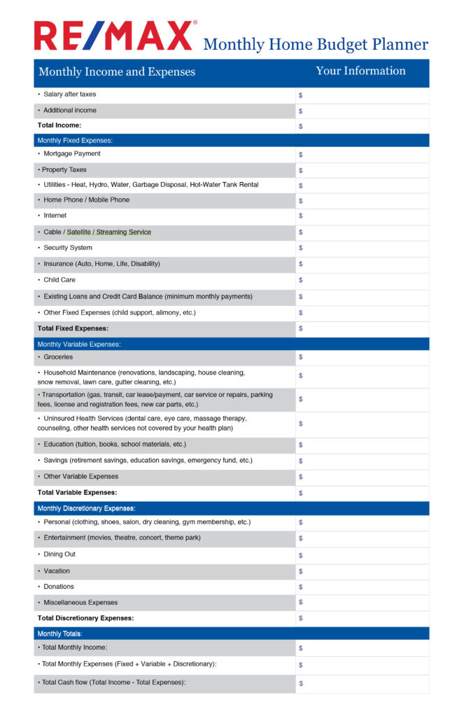 REMAX Monthly Home Budget Planner
